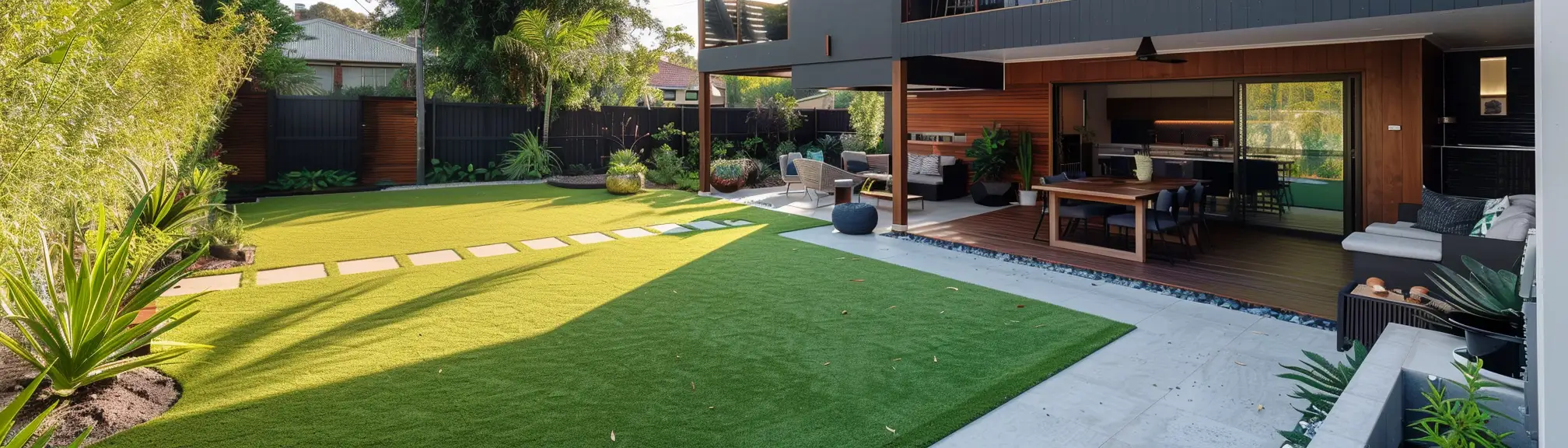 Premium artificial lawn installation in Canberra showing realistic synthetic grass in modern backyard
