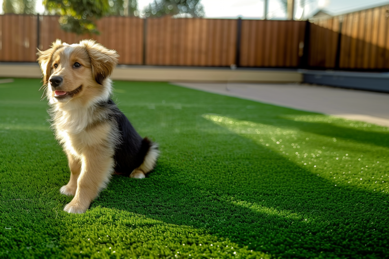 Happy puppy playing on premium artificial lawn showing pet-friendly synthetic grass